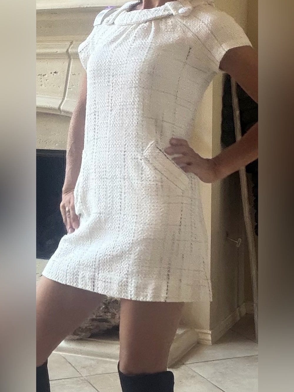 BB Dakota Ivory Tweed Shift Dress with Vintage Decorative Collar